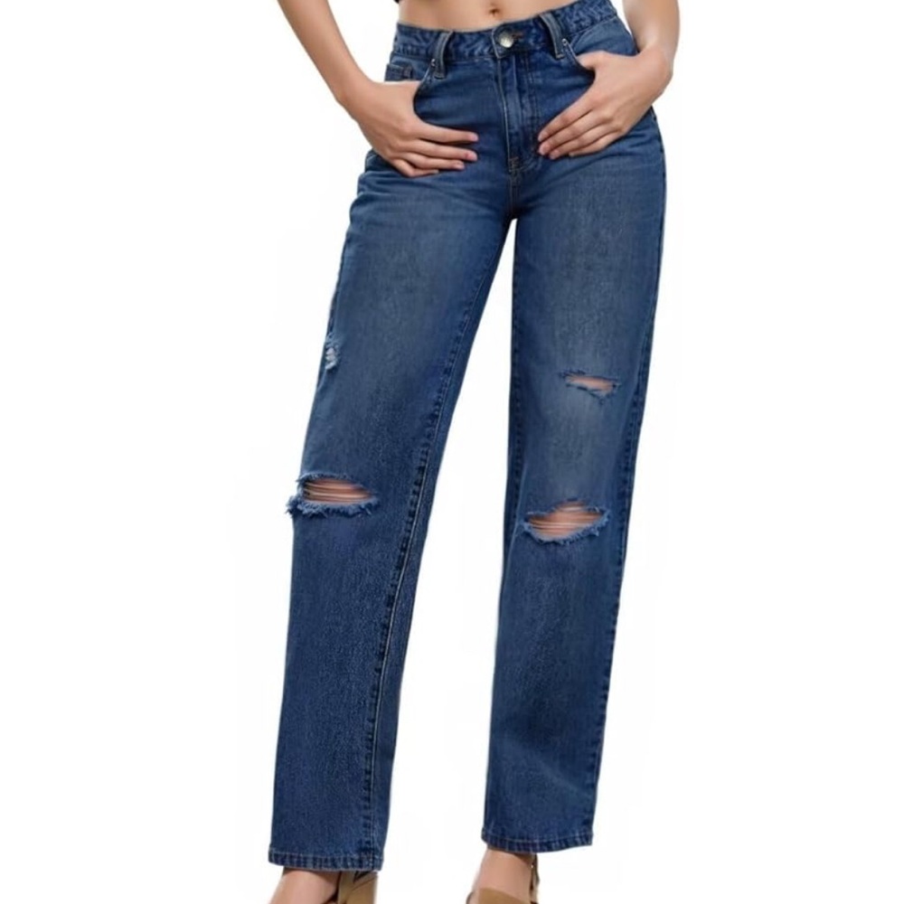 Blue Straight Leg Distressed Jeans